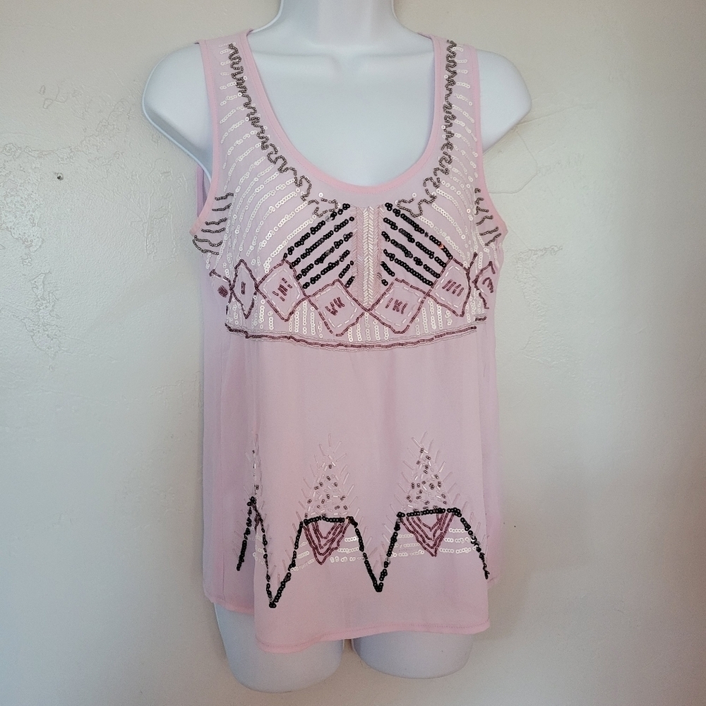 Capri Women's Small Chiffon Pink Purple Tank Top Blouse Beaded Girly Statement